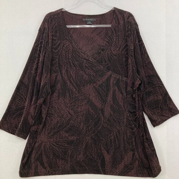 Kiara size 2X Purple Black Abstract Artsy Faux Wrap 3/4 Sleeve Slinky Knit Top - Picture 1 of 9